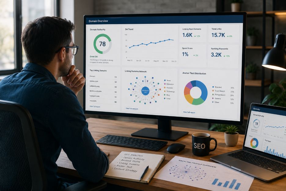SEO analyst reviewing domain authority reports